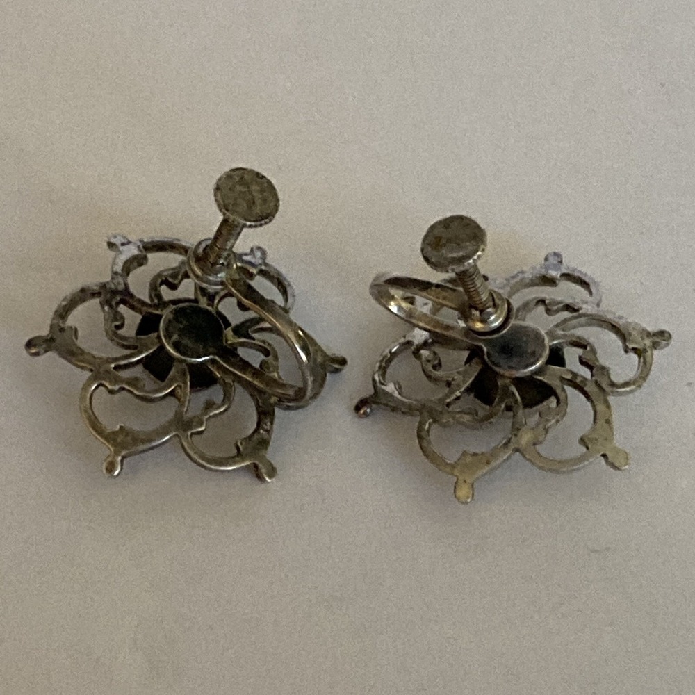 Vintage Sterling Silver 925 Art Deco Scroll Flower Screw Back Clip On Earrings - Picture 3 of 6